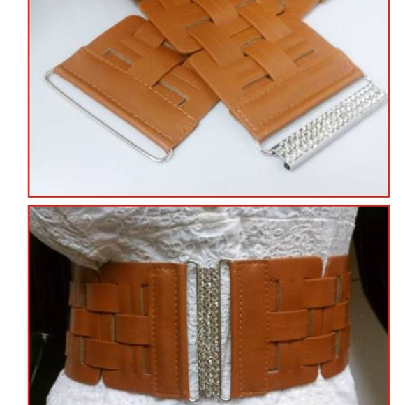 Fashion Horizontally & Vertically Design Red Elastic Waist Brown Belt Size S M - Picture 2 of 4